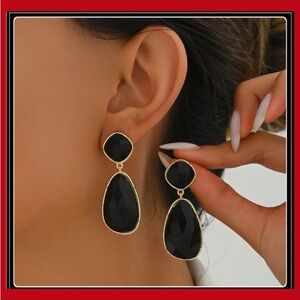 New gold & jet black marbled quartz stone bohemian hippie drop earrings